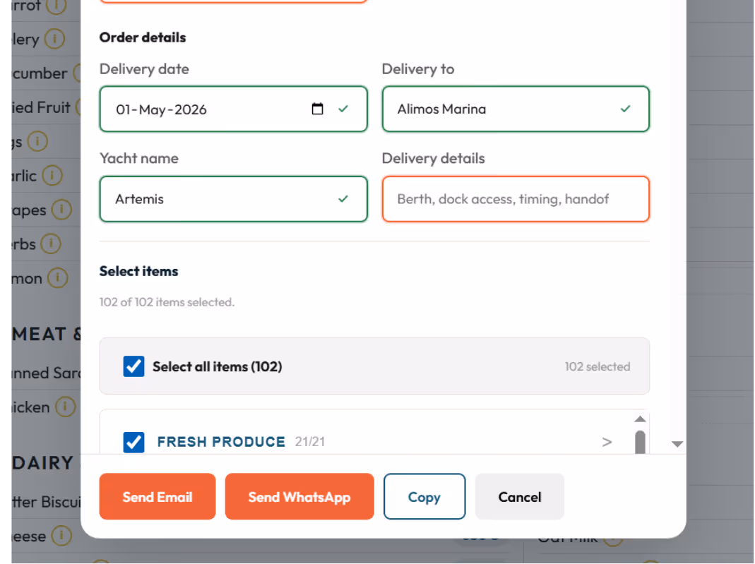 Send to supplier order details modal