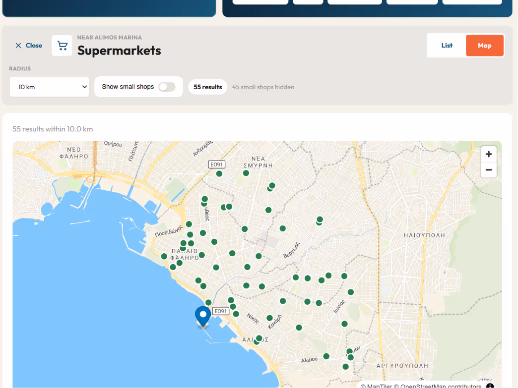 Victuo supplier map near a selected marina